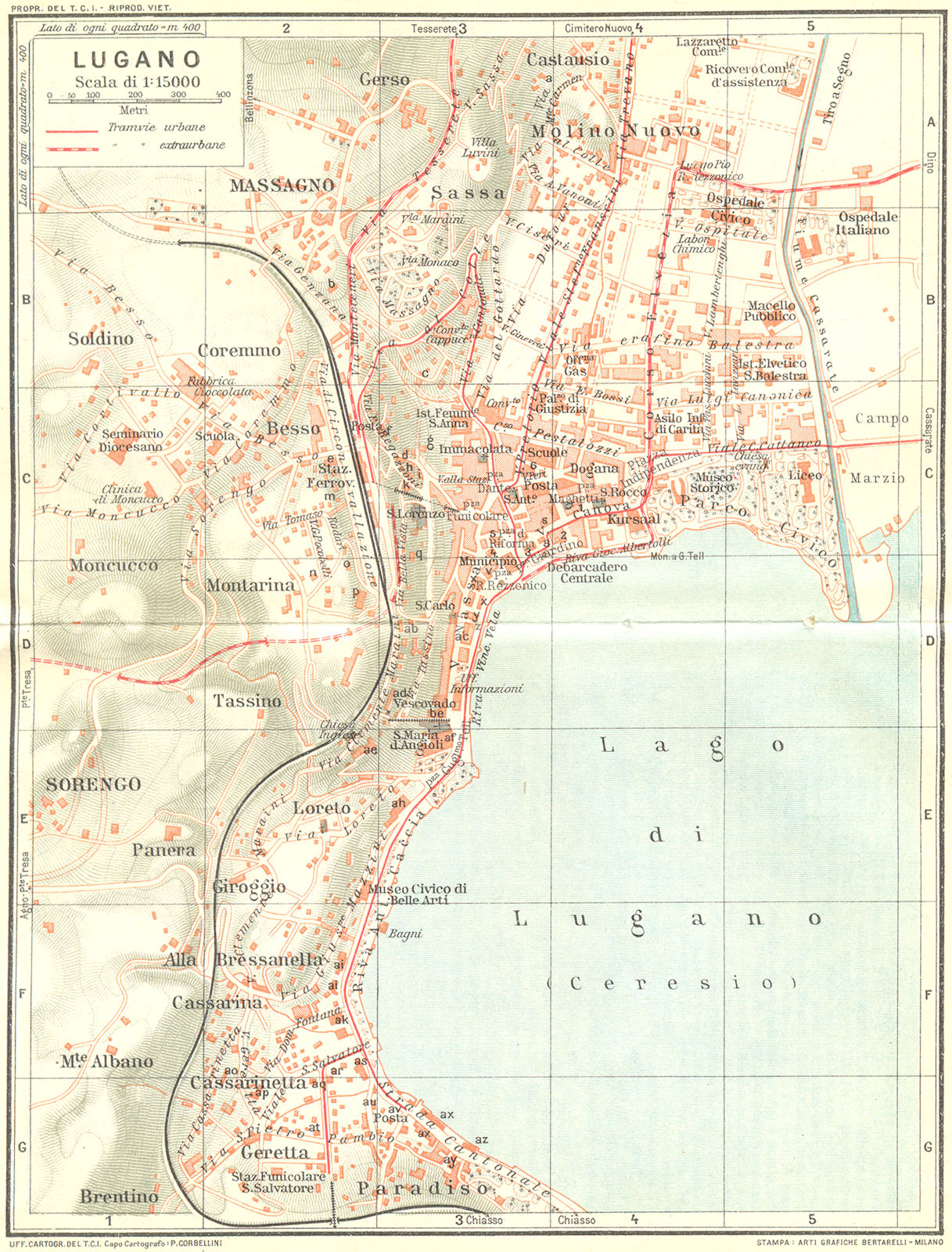 LUGANO. Vintage town city map plan. Switzerland 1927 old vintage chart